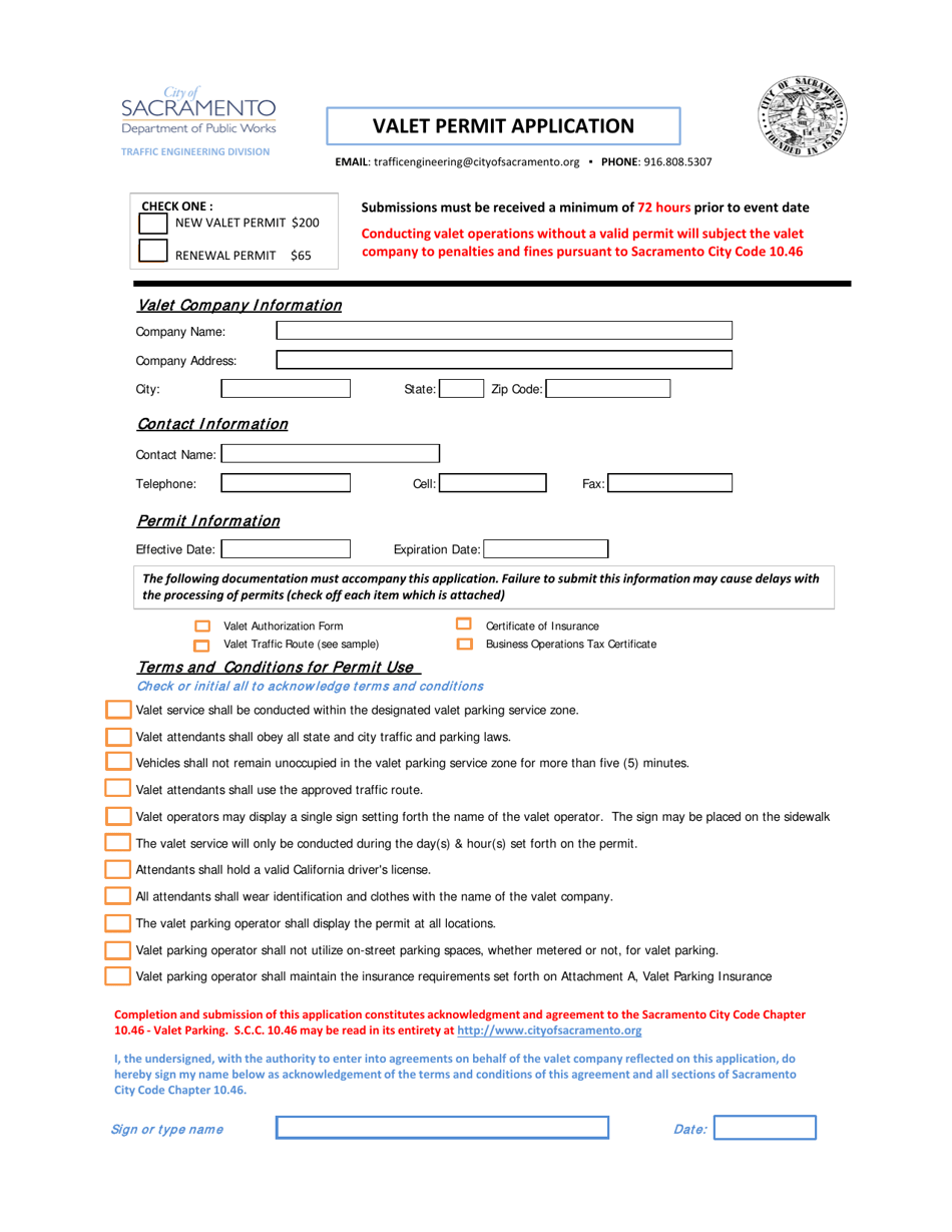 City of Sacramento, California Valet Parking Permit Application Fill
