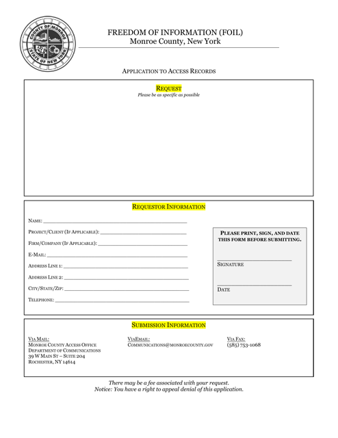 Freedom of Information (Foil) Application to Access Records - Monroe County, New York Download Pdf