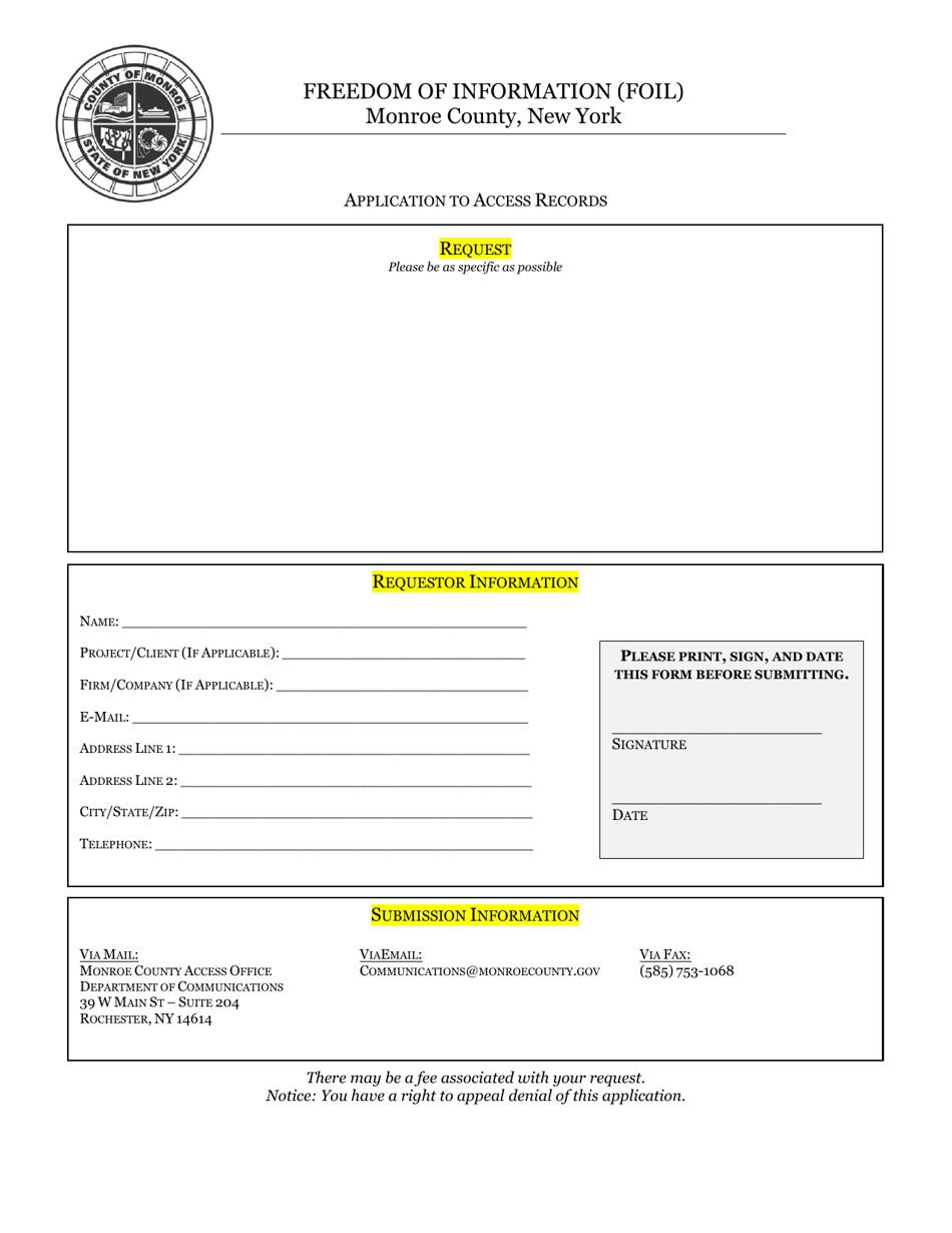 Monroe County, New York Freedom of Information (Foil) Application to