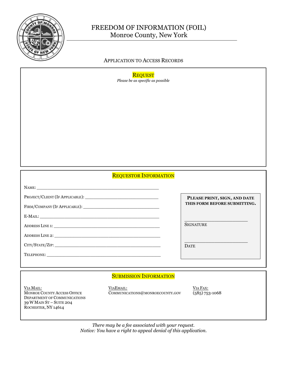 Freedom of Information (Foil) Application to Access Records - Monroe County, New York, Page 1