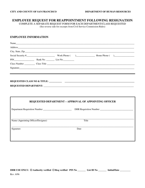 Employee Request for Reappointment Following Resignation - City and County of San Francisco, California Download Pdf