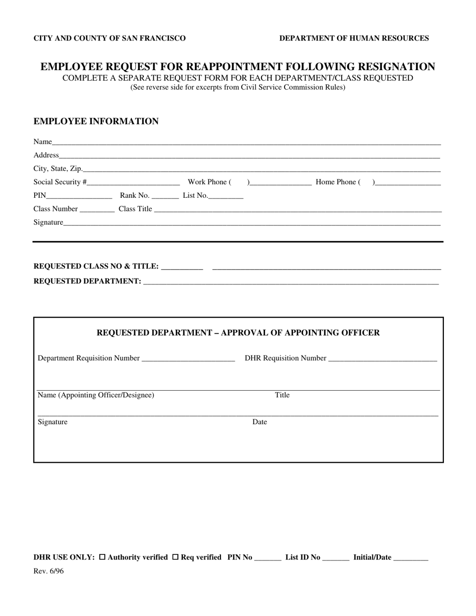 Employee Request for Reappointment Following Resignation - City and County of San Francisco, California, Page 1