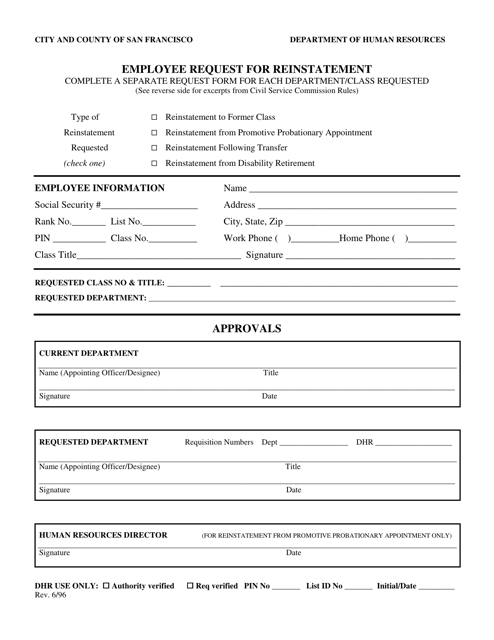"Employee Request for Reinstatement" - City and County of San Francisco, California Download Pdf