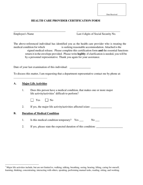 Health Care Provider Certification Form - City and County of San Francisco, California Download Pdf