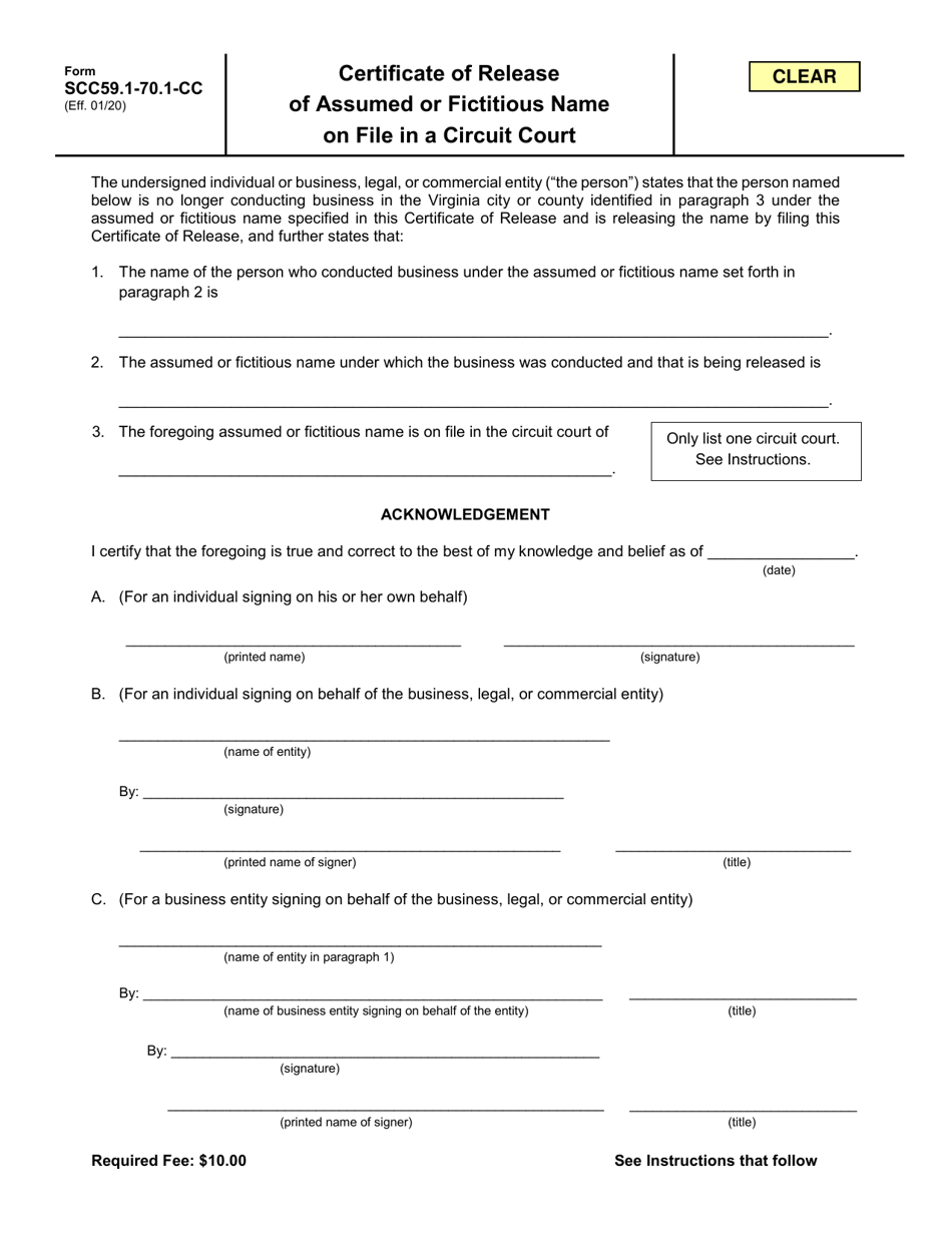 Form SCC59.1-70.1-CC Certificate of Release of Assumed or Fictitious Name on File in a Circuit Court - Virginia, Page 1