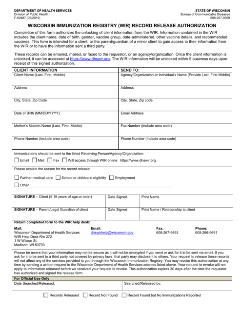 Form F-02487 Wisconsin Immunization Registry (Wir) Record Release Authorization - Wisconsin