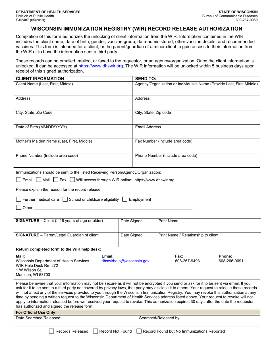 Form F-02487 Wisconsin Immunization Registry (Wir) Record Release Authorization - Wisconsin, Page 1