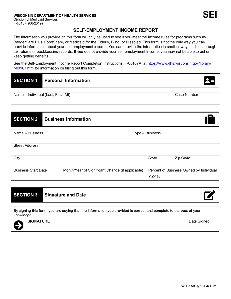 Form F-00107 Self-employment Income Report - Wisconsin, Page 1