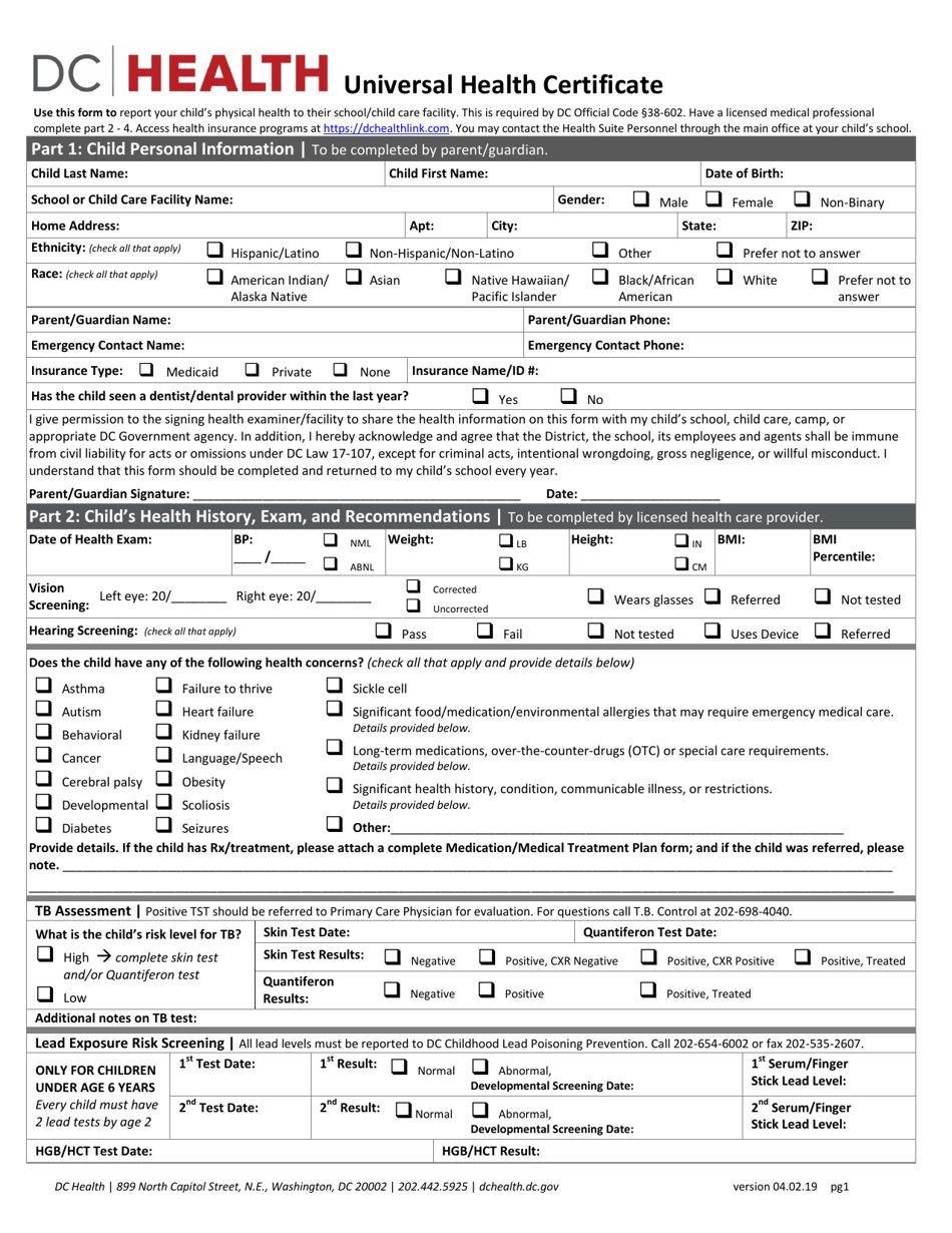 Washington, D.C. Universal Health Certificate Fill Out, Sign Online