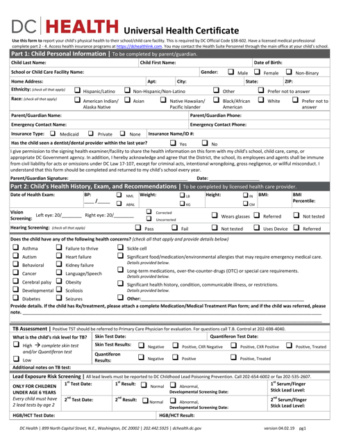 Universal Health Certificate - Washington, D.C. Download Pdf