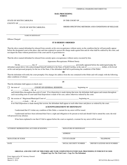 Form I (SCCA/510A) Bail Proceeding - South Carolina