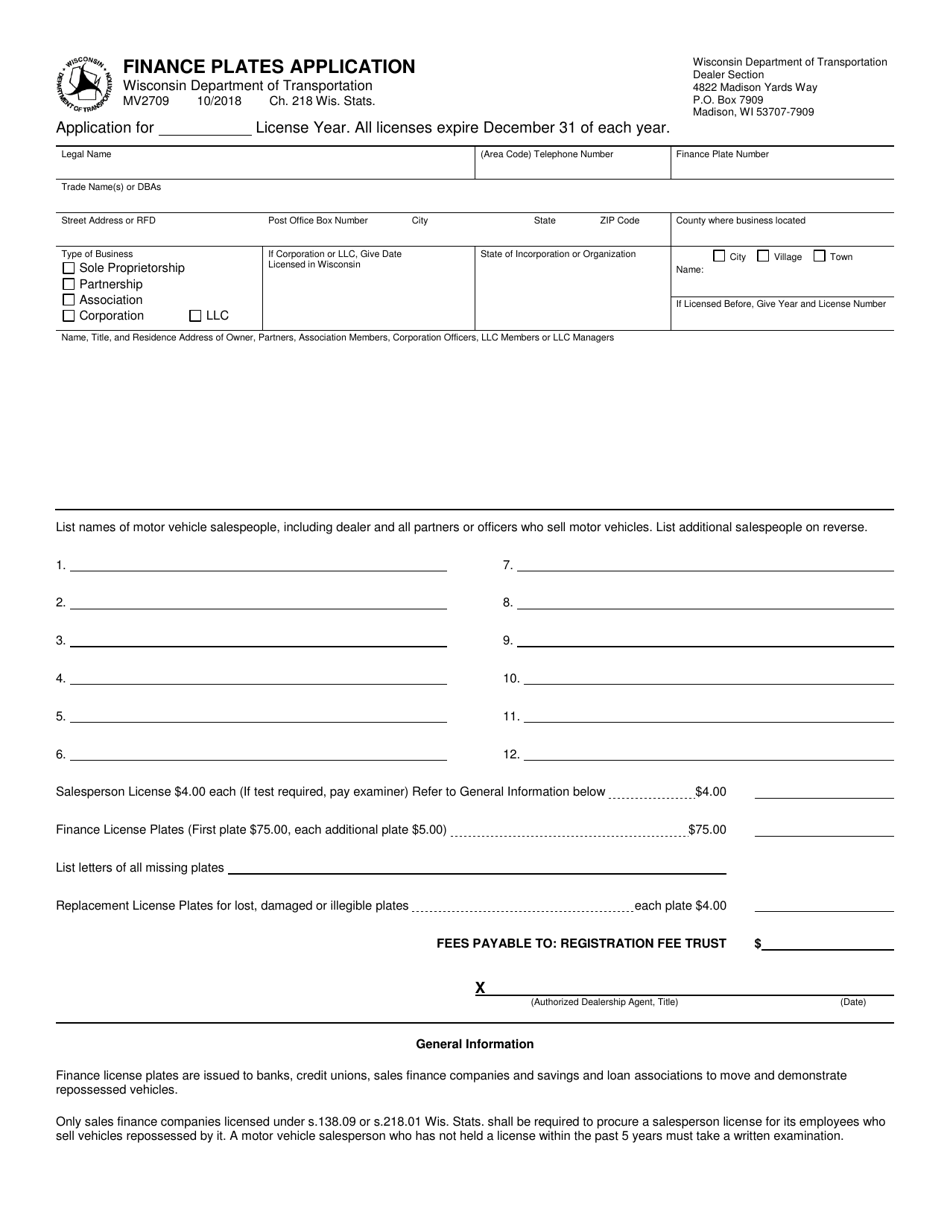 Form MV2709 Finance Plates Application - Wisconsin, Page 1