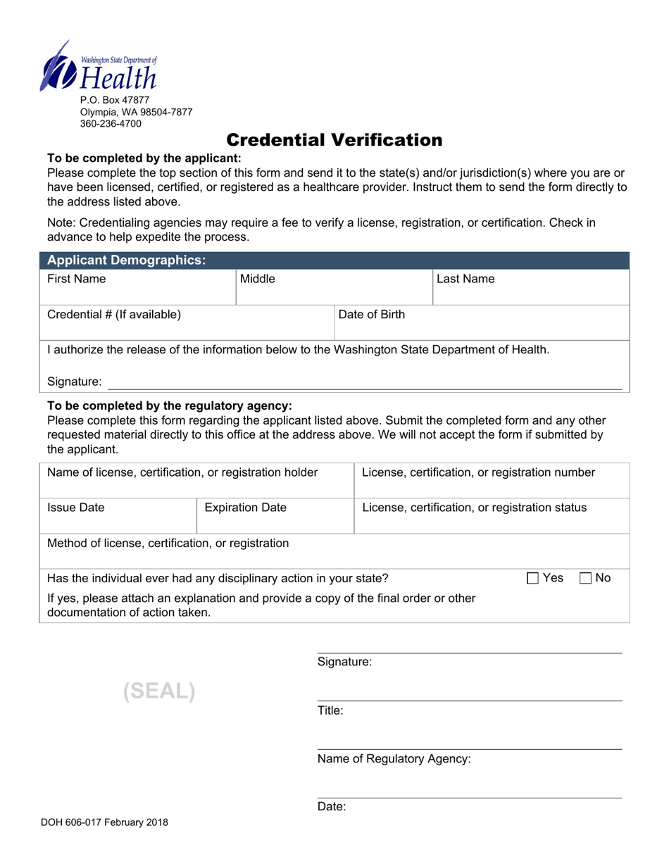 DOH Form 606-017 Credential Verification - Washington, Page 1