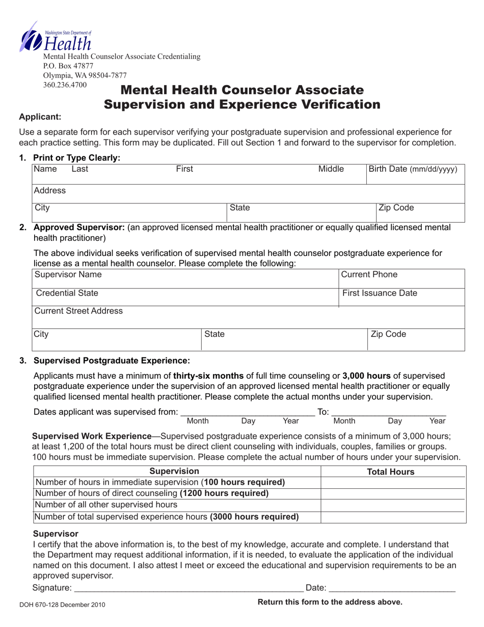 DOH Form 670-128 Mental Health Counselor Associate Supervision and Experience Verification - Washington, Page 1