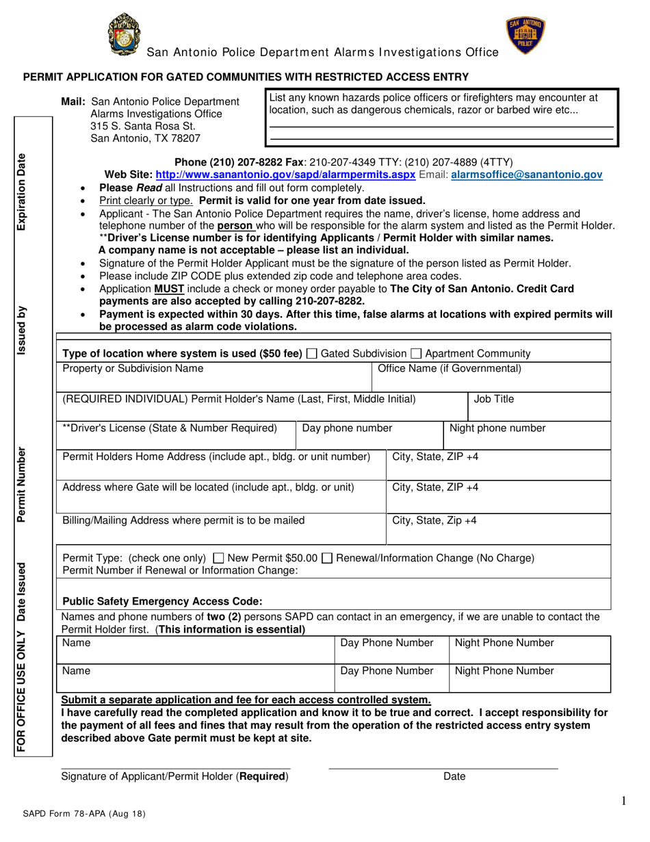 SAPD Form 78-APA Permit Application for Gated Communities With Restricted Access Entry - City of San Antonio, Texas, Page 1