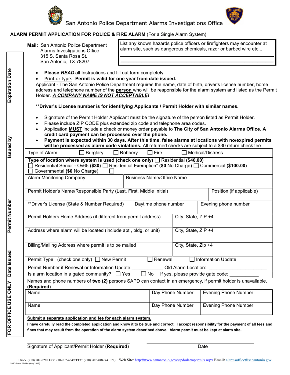 SAPD Form 78-APA Alarm Permit Application for Police  Fire Alarm - City of San Antonio, Texas, Page 1