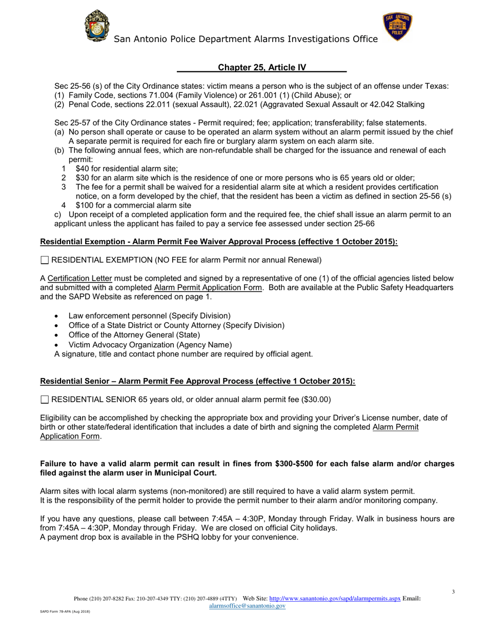 SAPD Form 78-APA Alarm Permit Application for Police  Fire Alarm - City of San Antonio, Texas, Page 3