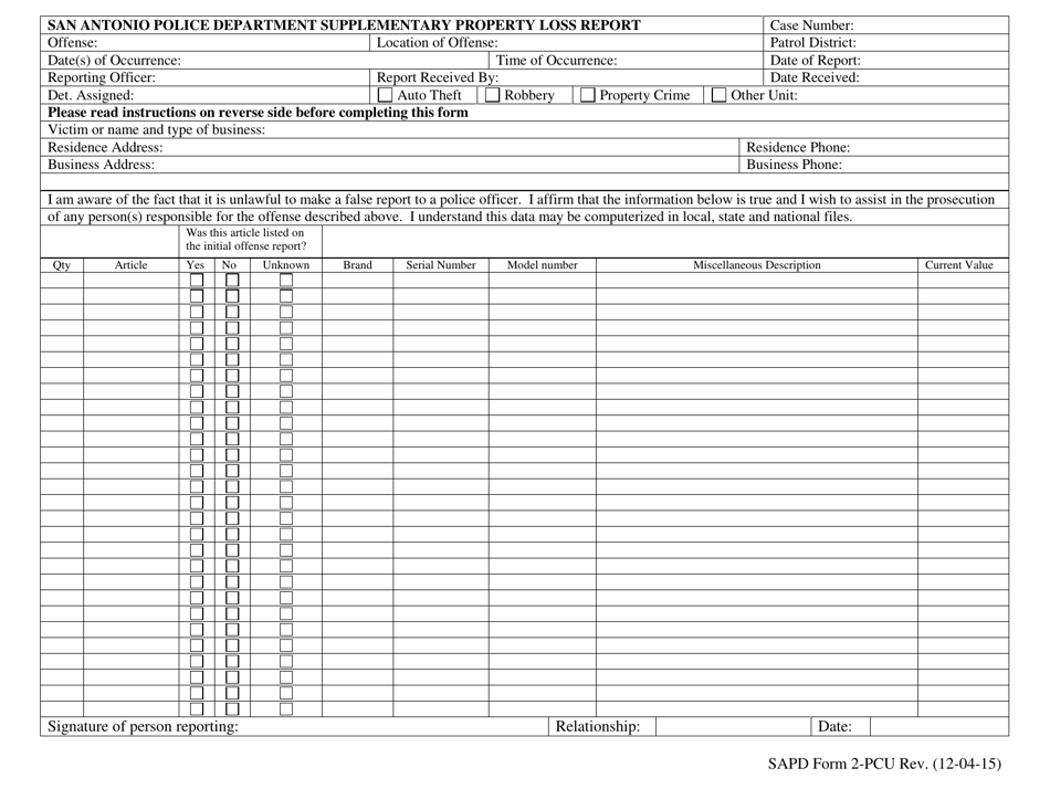 SAPD Form 2-PCU Supplementary Property Loss Report - City of San Antonio, Texas, Page 1