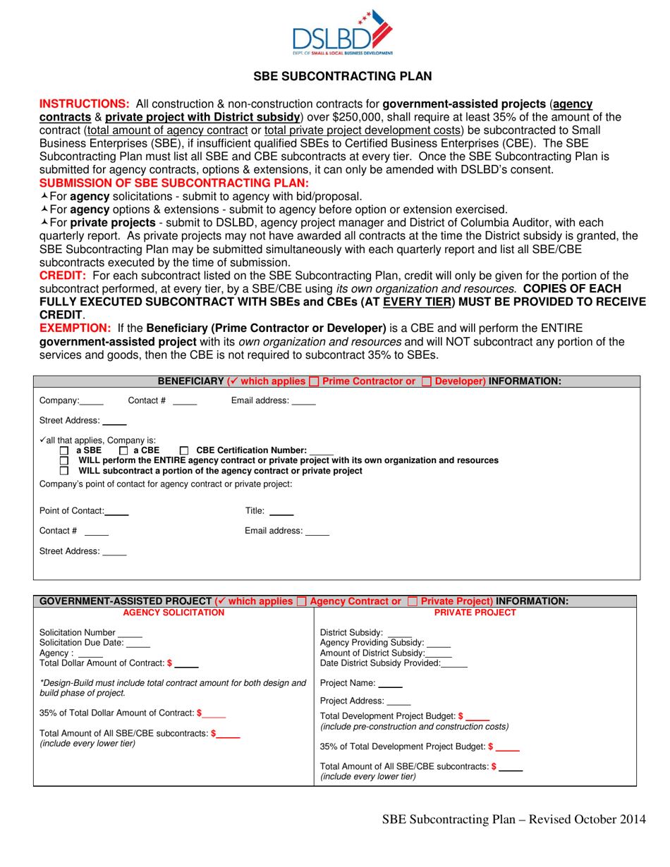 Attachment J.7 Sbe Subcontracting Plan - 35% Requirement - Washington, D.C., Page 1