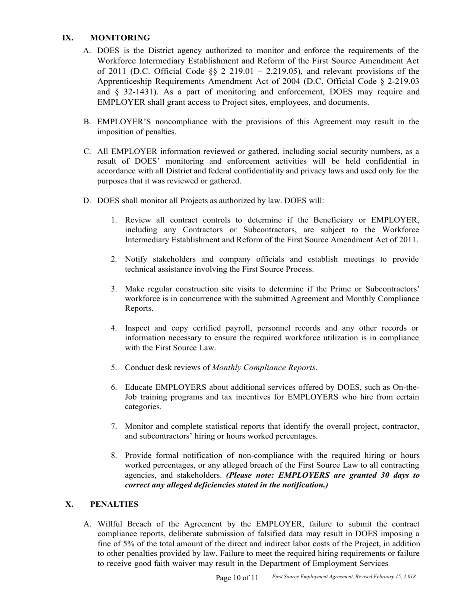 First Source Employment Agreement for Construction Projects Only - Washington, D.C., Page 10