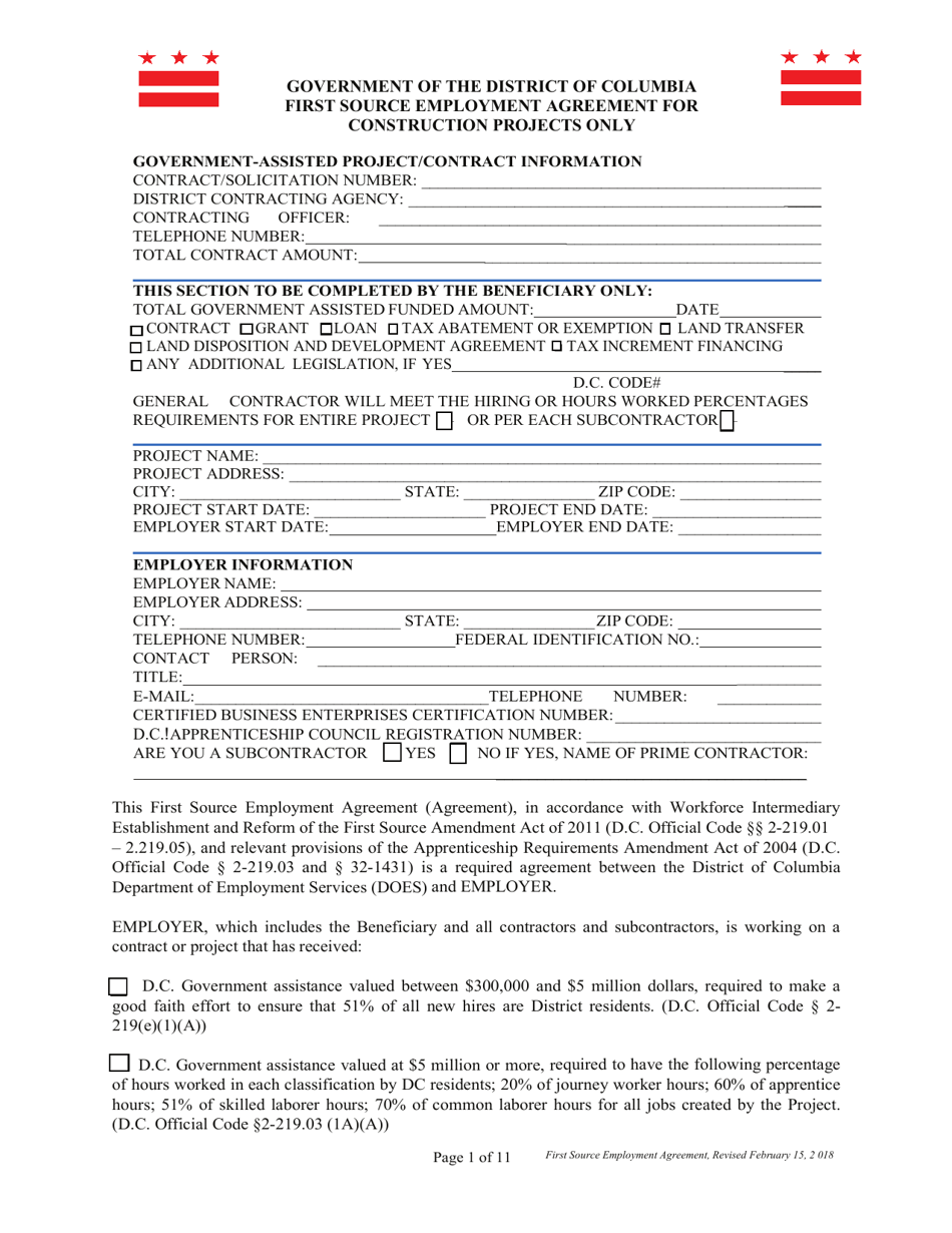 First Source Employment Agreement for Construction Projects Only - Washington, D.C., Page 1