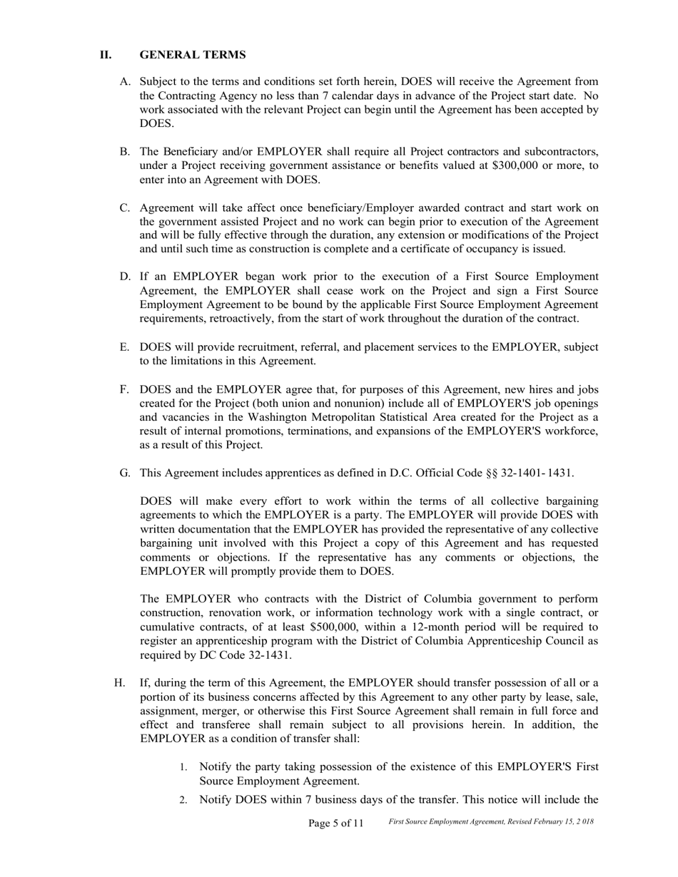First Source Employment Agreement for Construction Projects Only - Washington, D.C., Page 5