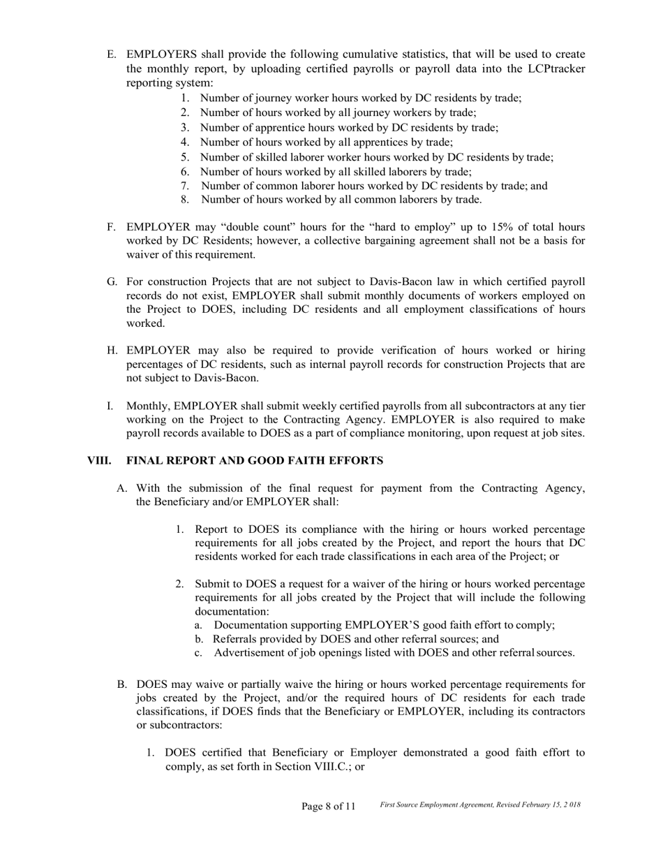 First Source Employment Agreement for Construction Projects Only - Washington, D.C., Page 8