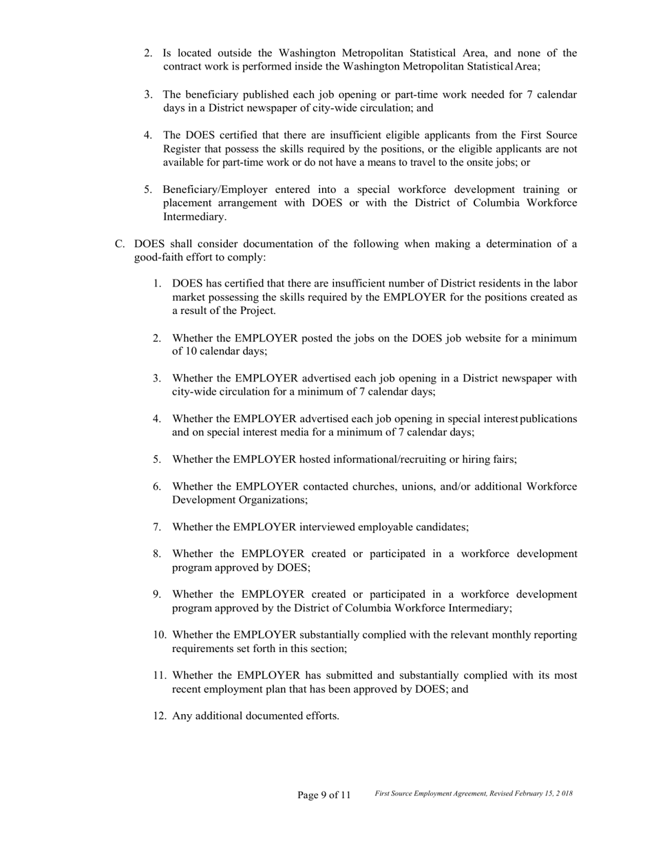 First Source Employment Agreement for Construction Projects Only - Washington, D.C., Page 9