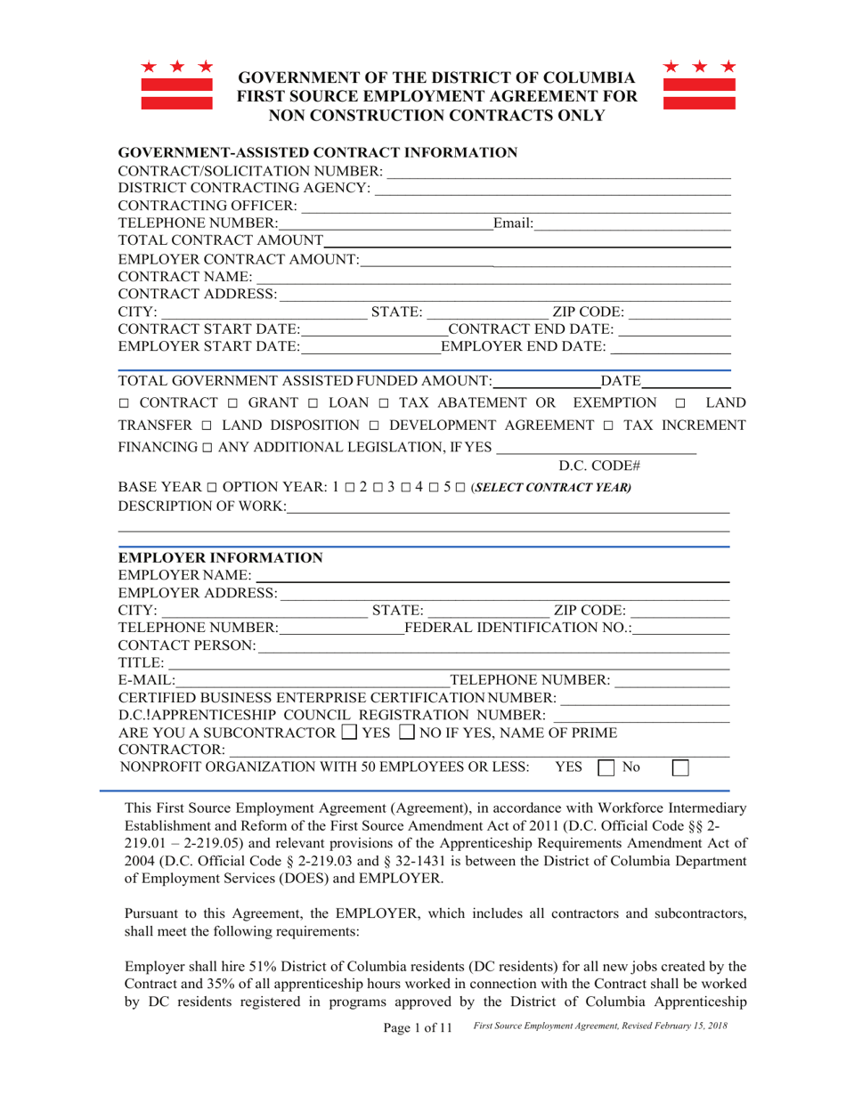 First Source Employment Agreement for Non Construction Contracts Only - Washington, D.C., Page 1