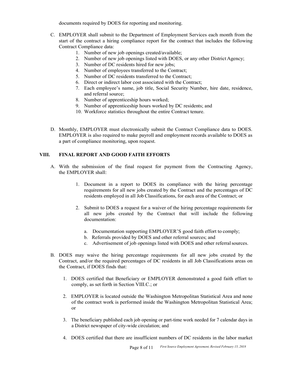 First Source Employment Agreement for Non Construction Contracts Only - Washington, D.C., Page 8