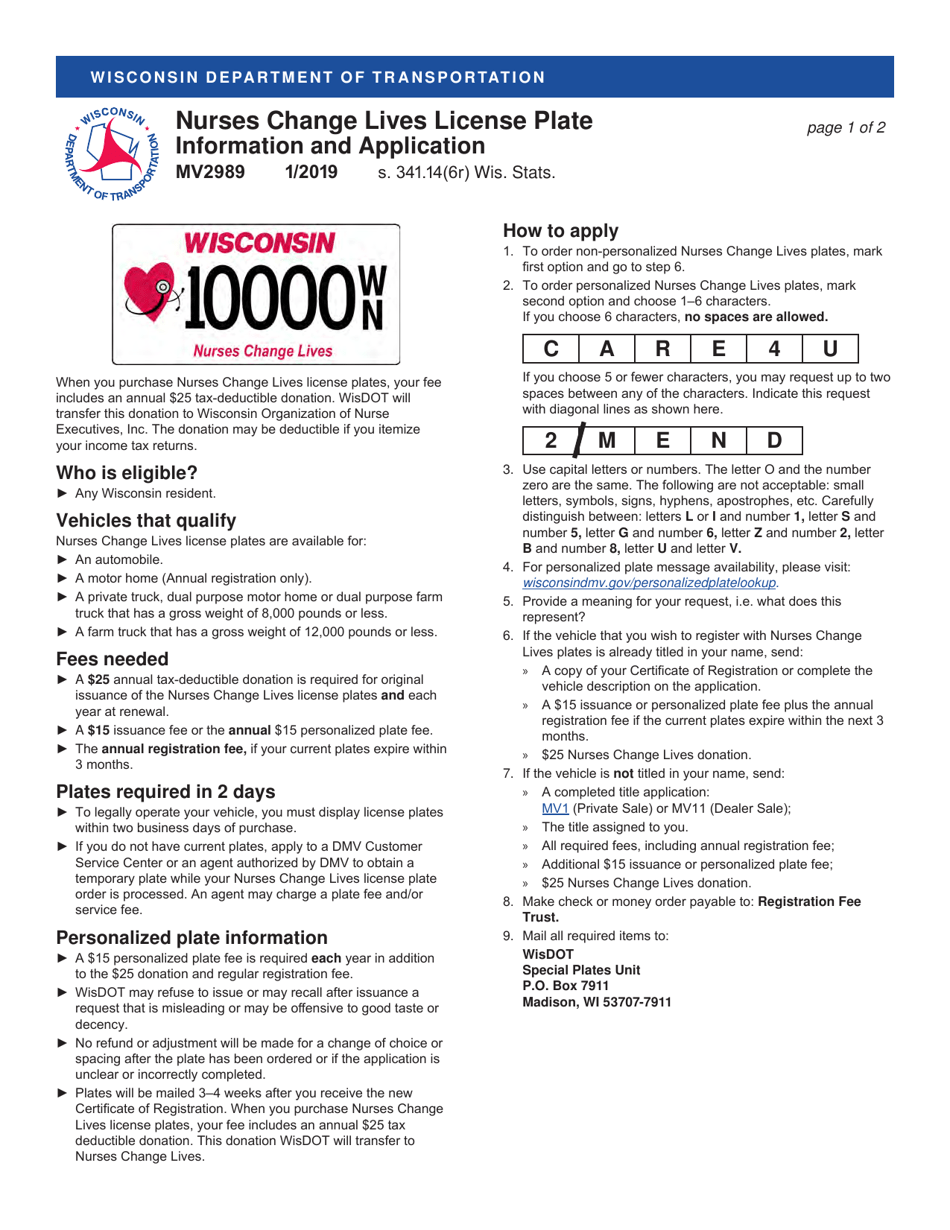 Form MV2989 Nurses Change Lives License Plate Application - Wisconsin, Page 1