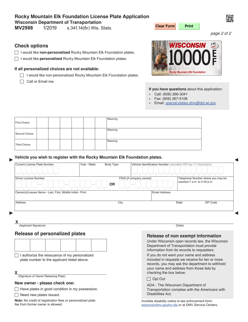 Form MV2988 Rocky Mountain Elk Foundation License Plate Application - Wisconsin, Page 2