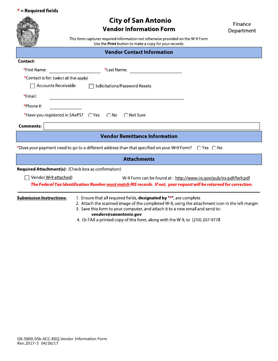 Form GR.5800.05B Vendor Information Form - City of San Antonio, Texas, Page 1