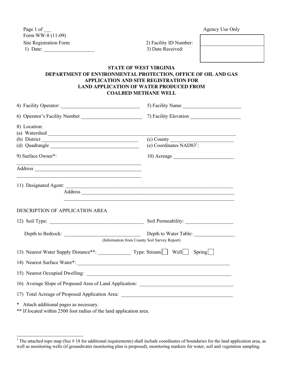 Form WW-8 Application and Site Registration for Land Application of Water Produced From Coalbed Methane Well - West Virginia, Page 1