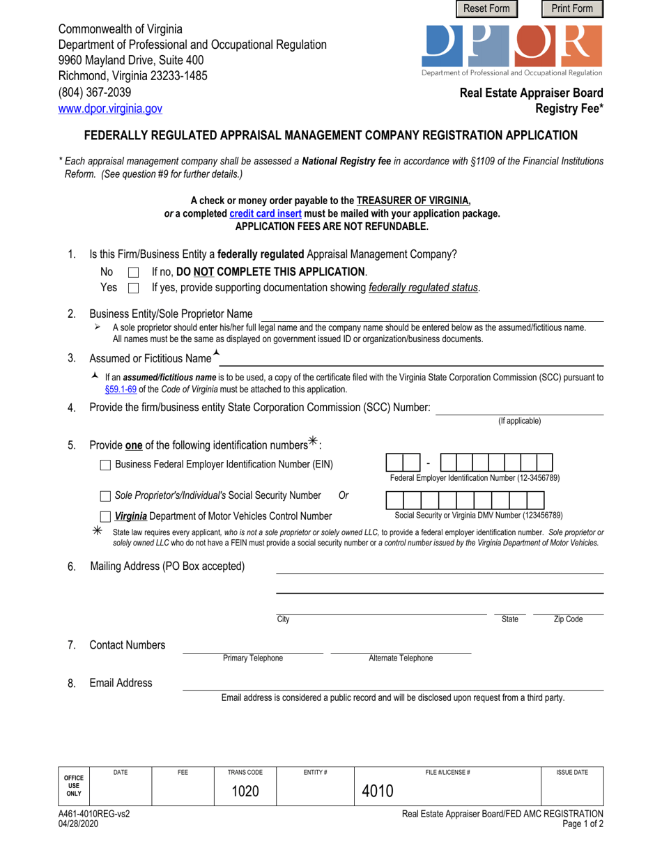 Form A461-4010REG Federally Regulated Appraisal Management Company Registration Application - Virginia, Page 1