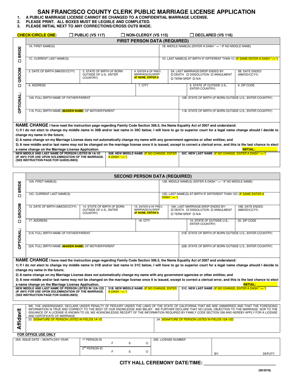 Public Marriage License Application - City and County of San Francisco, California, Page 2