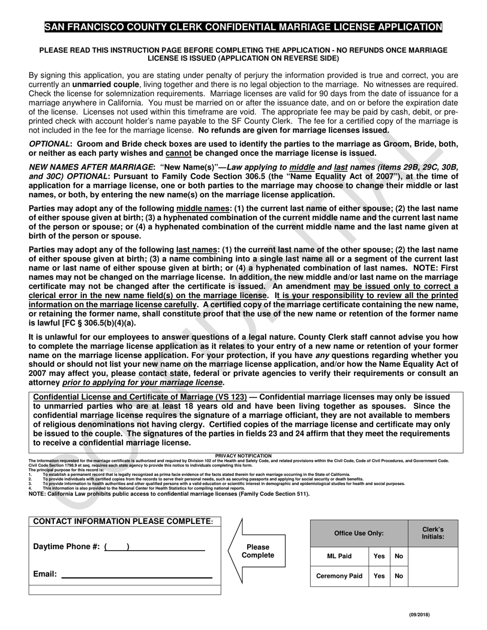 Confidential Marriage License Application - City and County of San Francisco, California, Page 1