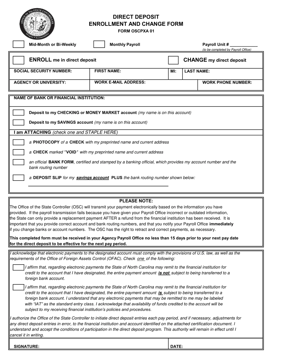 Form OSCPXA01 Direct Deposit Enrollment and Change Form - North Carolina, Page 1