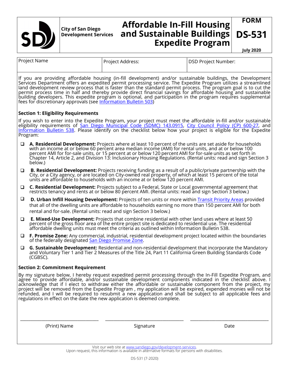 Form DS-531 Affordable in-Fill Housing and Sustainable Buildings Expedite Program - City of San Diego, California, Page 1