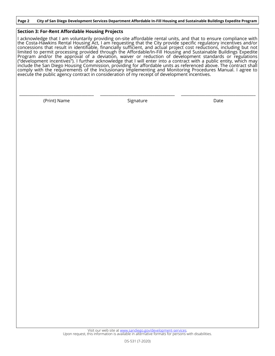 Form DS-531 Affordable in-Fill Housing and Sustainable Buildings Expedite Program - City of San Diego, California, Page 2