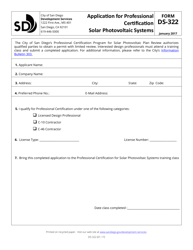 Form DS-322 &quot;Application for Professional Certification - Solar Photovoltaic Systems&quot; - City of San Diego, California