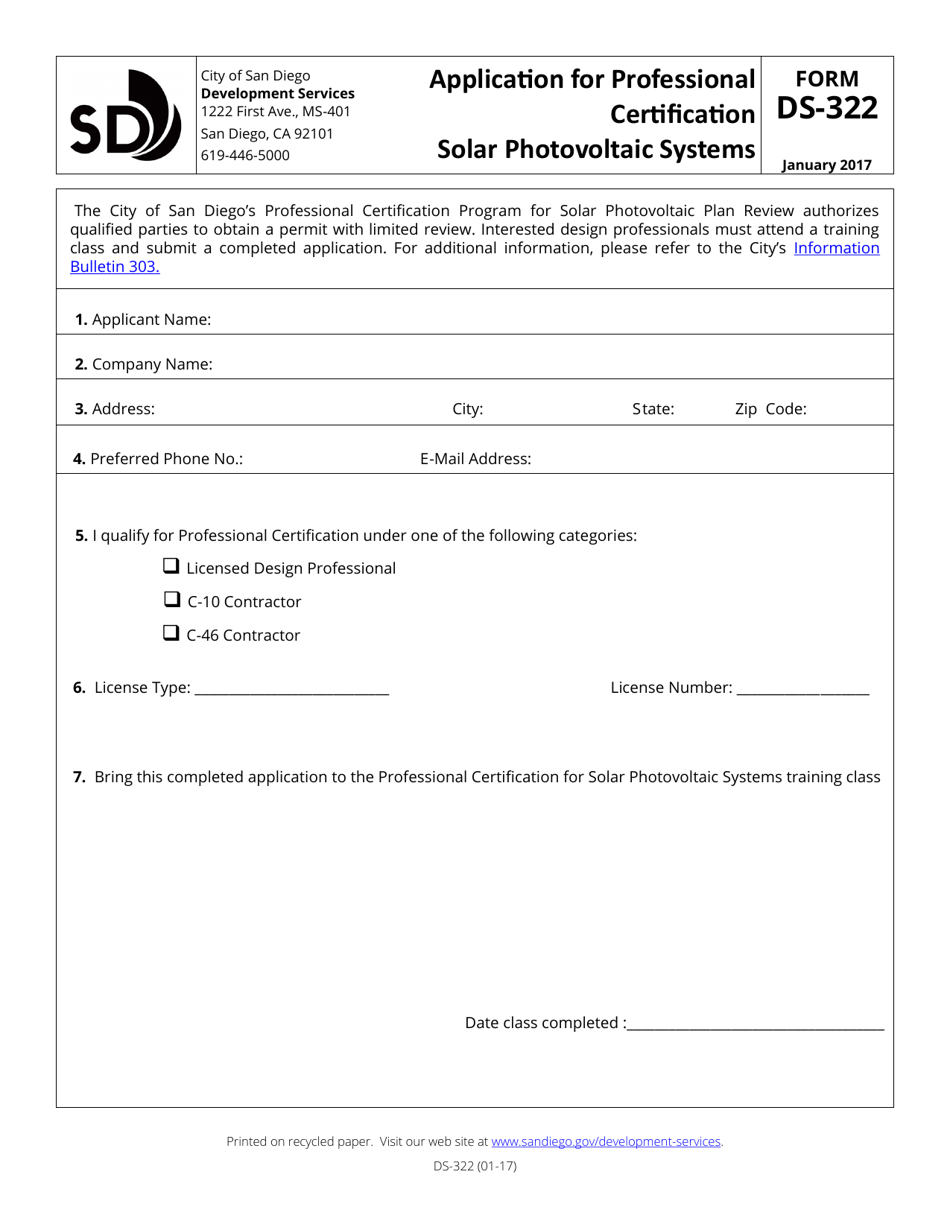 Form DS-322 Application for Professional Certification - Solar Photovoltaic Systems - City of San Diego, California, Page 1
