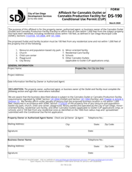 Document preview: Form DS-190 Affidavit for Cannabis Outlet or Cannabis Production Facility for Conditional Use Permit (Cup) - City of San Diego, California