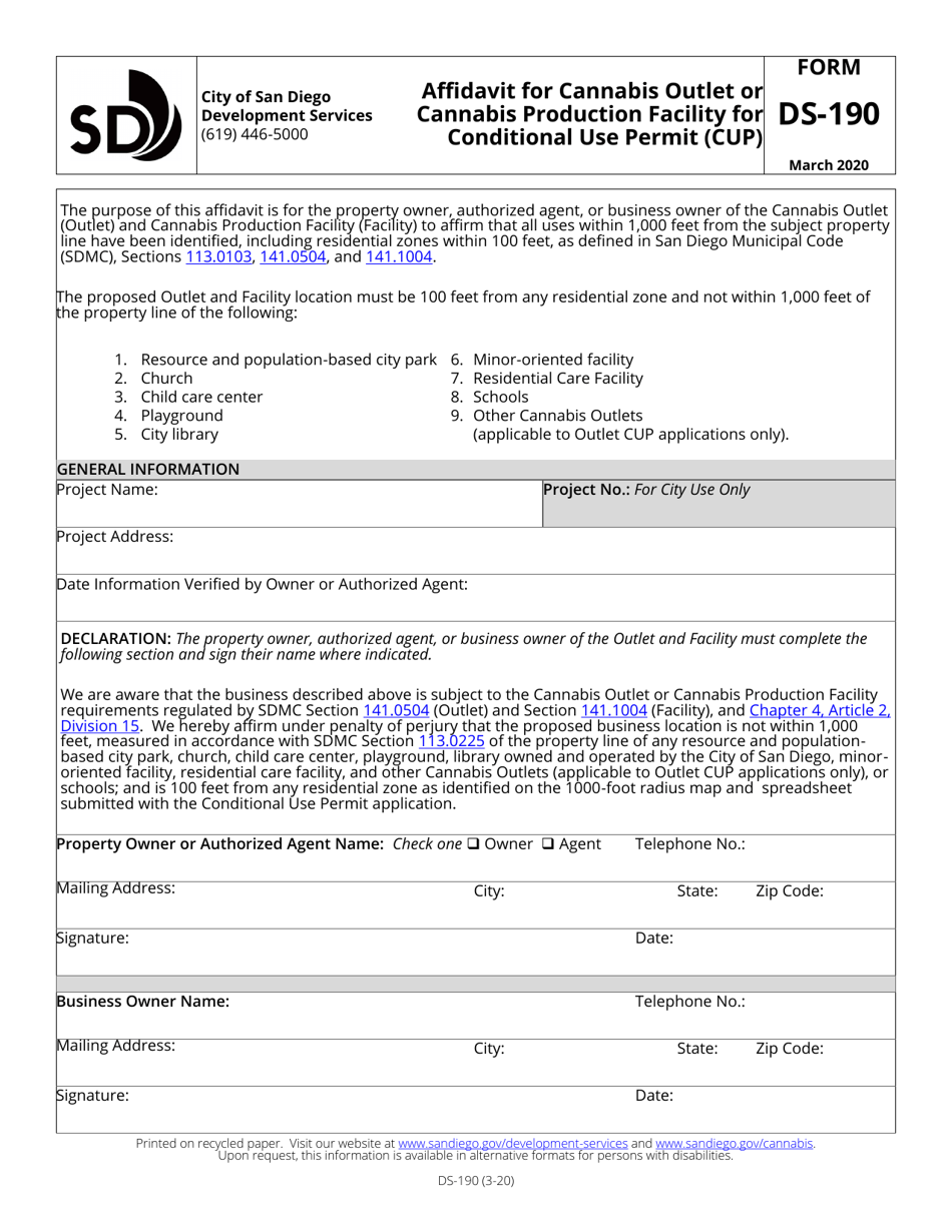 Form DS-190 Affidavit for Cannabis Outlet or Cannabis Production Facility for Conditional Use Permit (Cup) - City of San Diego, California, Page 1