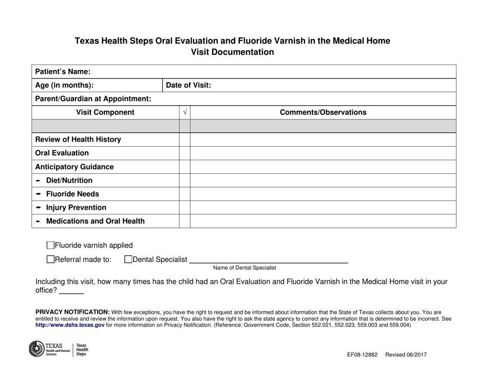 Form EF08-12882 Texas Health Steps Oral Evaluation and Fluoride Varnish in the Medical Home Visit Documentation - Texas, Page 1