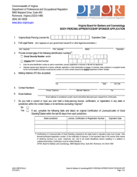 Form A450-12BPSPON Body-Piercing Apprenticeship Sponsor Application - Virginia