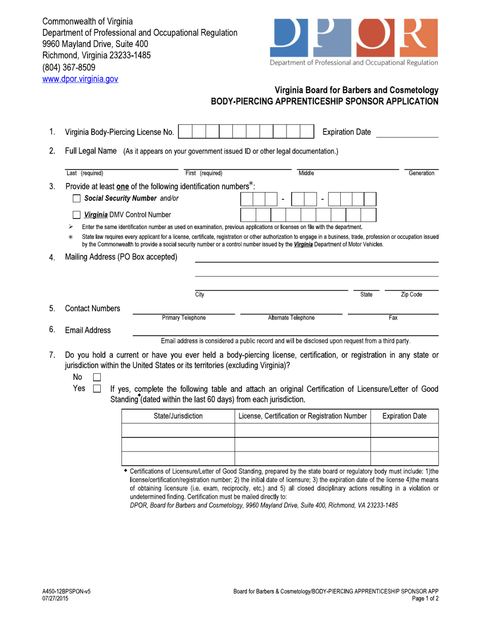Form A450-12BPSPON Body-Piercing Apprenticeship Sponsor Application - Virginia, Page 1
