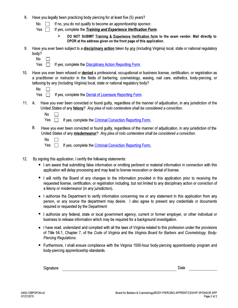 Form A450-12BPSPON Body-Piercing Apprenticeship Sponsor Application - Virginia, Page 2