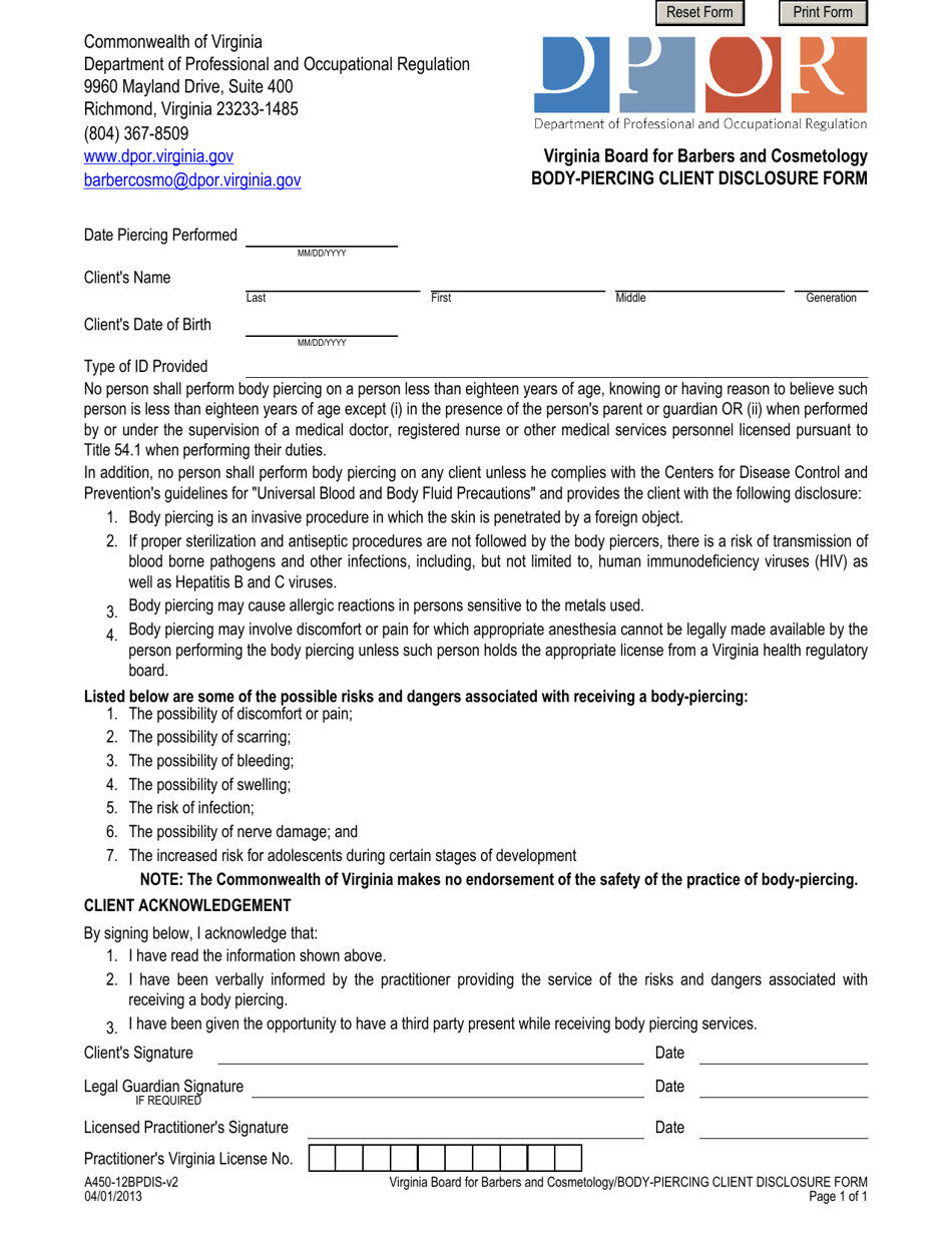 Form A450-12BPDIS Body-Piercing Client Disclosure Form - Virginia, Page 1