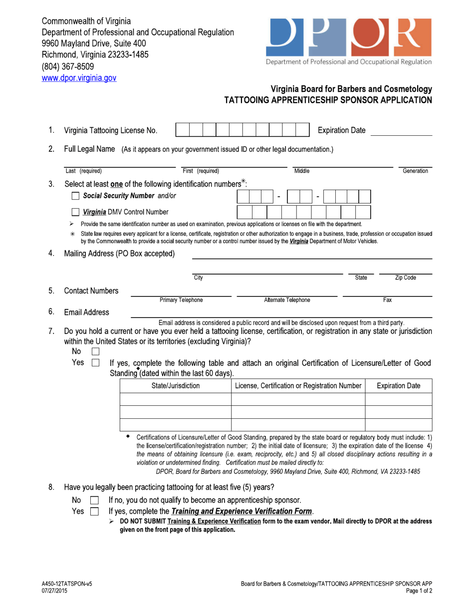 Form A450-12TATSPON Tattooing Apprenticeship Sponsor Application - Virginia, Page 1